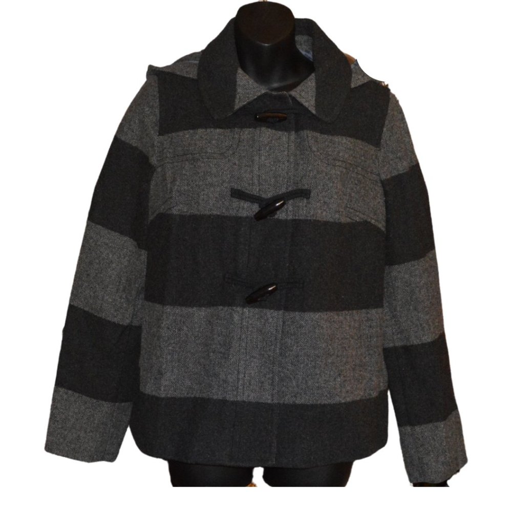 Striped Wool Hooded Zip-Front Jacket Size Medium